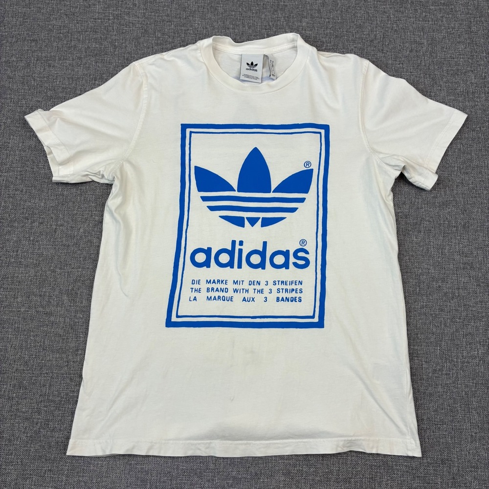 Adidas Graphic T-Shirt Mens Medium White Blue Trefoil Slogan Streetwear Tee